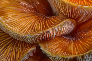 Closeup of colorful mushroom lamellae, magic mushroom, macro view. Decorative, psychic background and design pattern, wallpaper, poster.