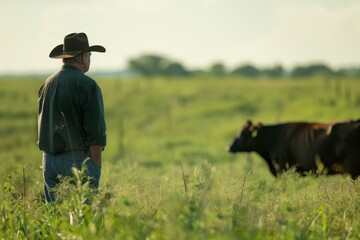Cowboy in hat looking at his fields and cattle