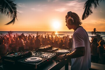 Dj playing music at a beach party at sunset