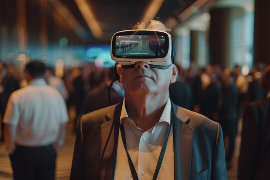 Accredited older man trying on virtual reality goggles at a convention