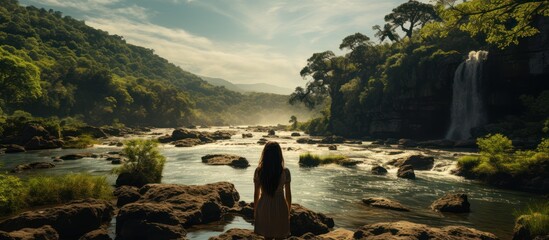 silhouette of woman standing on a cliff by a wild river and waterfall, enjoying the view