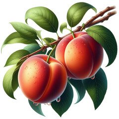 Two ripe peaches on a white and transparent background