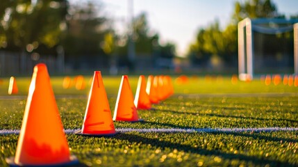 Training cones set up for soccer drills on the field