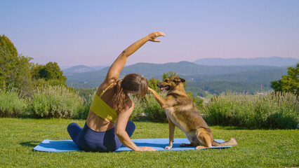 Sitting dog observes young lady as she stretches and exercises on blue yoga mat
