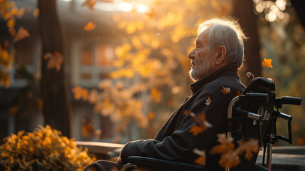An elderly man sitting in a wheelchair outdoors, with autumn leaves falling around him. - obrazy, fototapety, plakaty