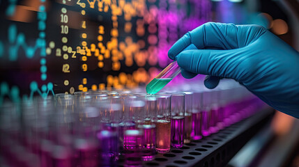A hand in a blue glove holding a test tube containing green liquid in a laboratory setting. There are several other test tubes arranged on a rack, with illuminated data in the background.