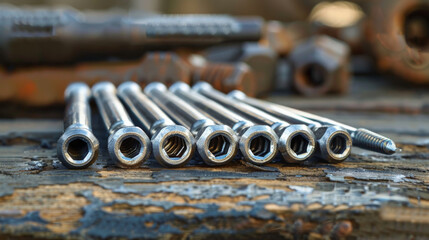 Several metal hex head screws lined up on a rustic wooden surface, indicative of construction and hardware.