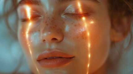 The Delicate Interplay Of Light And Shadow Across A Young Woman's Freckled Face, Capturing A Moment Of Repose