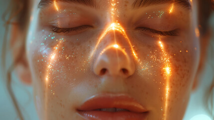 An Ethereal Interplay Of Light And Shadow Dances Across The Tranquil Face Of A Freckled Woman