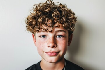 little cute boy with curly hair and freckles on face close up, lifestyle people concept