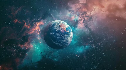 Earth in space futuristic background. Space nebula wallpaper with blue, red and green colors