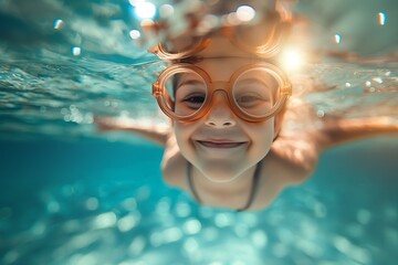 Happy kid swimming underwater of a swimming pool