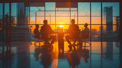 silhouettes of business people sitting at the table in office with panoramic windows on sunset background, golden hour light, meeting concept