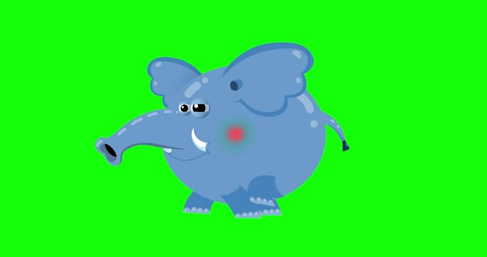 Cartoon blue elephant animation walking in place greenbox. Animated character isolated. Good for any material for kids, adverts, etc...