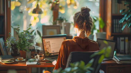 A woman sitting at her desk in her home office, looking at her computer screen, with warm colors, green plants and coffee mugs on the table