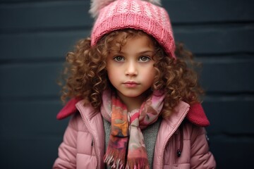 Portrait of a cute little girl in a pink hat and scarf.