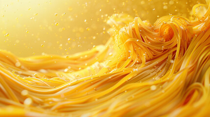 Abstract swirl of yellow pasta with sparkling water droplets on a vibrant background.
