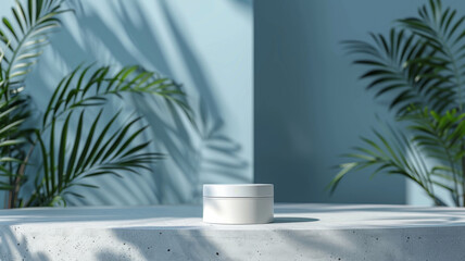 Modern skincare cream container on concrete with plant shadows, ideal for branding.