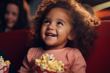 A cute curly-haired multiethnic girl is enthusiastically watching a cartoon in the cinema. The...