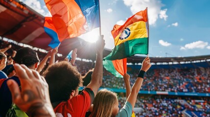 Soccer fans waving flags and banners in the stands
