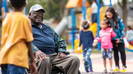A war veteran sitting in a wheelchair, watching children play happily