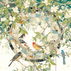 Colorful Ceramic Bird Feeder in a Fresh Garden Setting - Perfect for Spring Marketing Materials
