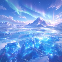 Enchanting Iceberg Glacier with Majestic Mountains and Aurora Borealis - obrazy, fototapety, plakaty