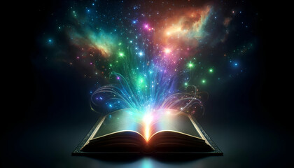 Mystical Hardcover Book Rainbow Holographic Pages Starry Nebula Background Fantasy, 4K Wallpaper
