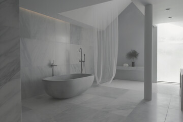 Elegant Minimalist Bathroom with Stone Textures, Cool White and Gray Palette at a Bali Spa Resort