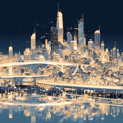 Vivid Rendition of a Futuristic Urban Skyline Illustration Showcasing Modern Architecture and Waterfront Views