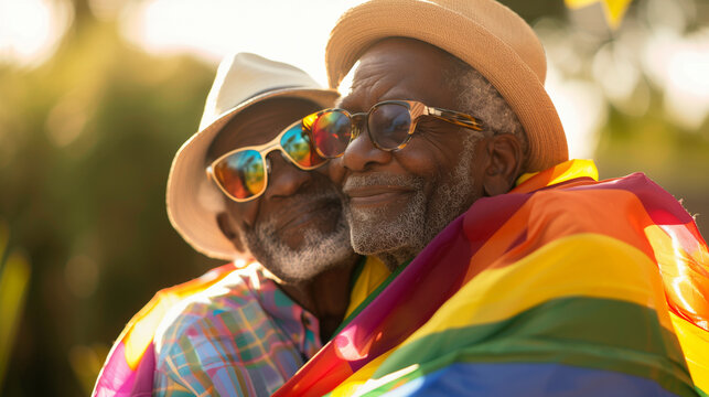 Happy african american senior gay male couple embracing at pride month wearing glasses hats & rainbow flag. Smiling black homosexual elderly men. Inclusion & diversity at pride