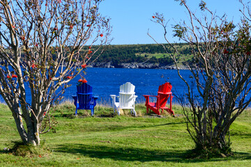 Three Adirondack chairs, red, blue, and white color on lush green grass with a view of the calm blue ocean and hillside in the background. The colorful chairs are in a row framed by two trees. 