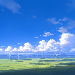 Sunny day at a wind farm with lush green grass and clear blue skies. A serene landscape of renewable energy resources.