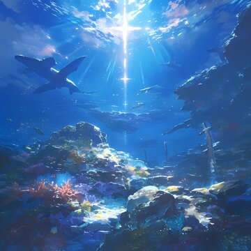 Ethereal Oceanic Oasis with Sunlit Rays and Dazzling Marine Life
