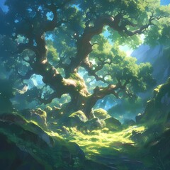 A captivating scene of a mystical forest with ancient trees standing tall amidst verdant greenery.