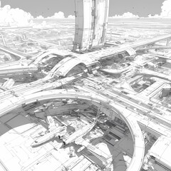 Bustling Aiport Metropolis: An Epic Continuous Line Art Illustration