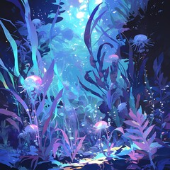 A surreal neon undersea world filled with glowing corals and shimmering sea creatures. Perfect for fantasy art enthusiasts and ocean-themed design projects. - obrazy, fototapety, plakaty