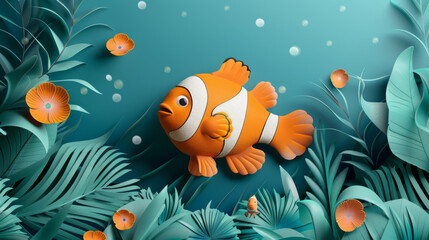 A cheerful, orange clownfish illustration amongst teal underwater plants. - obrazy, fototapety, plakaty
