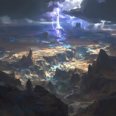 Breathtaking Exotic Scenery with Lightning Storm and Enchanted City - Perfect for Epic Music Videos, Game Art, or Movie Posters.