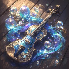 Exquisite Cinematic Still of an Ancient Violin Emerging from a Mystic Bath of Radiant Bubbles