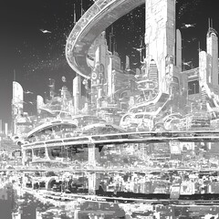 Elegant single-line illustration depicting an advanced metropolis of the future. Explore towering skyscrapers, futuristic architecture, and modern design in this captivating digital art piece.
