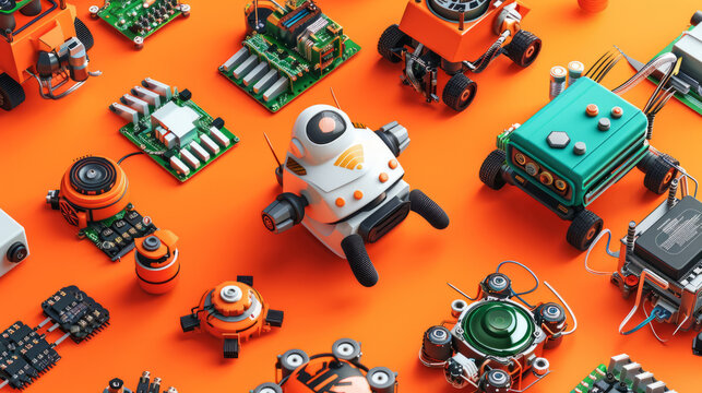 An arrangement of small, simple robotic models on a bright orange background, depicting robotics engineering
