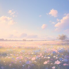 A Captivating Seascape with Soft Pastel Colors and a Serene Meadow Blooming with Flowers