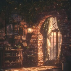 A captivating scene of a vintage porch with an inviting glow from the light. A charming brick building sets the stage for this nostalgic atmosphere.