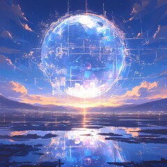 Illustrated Digital Artwork: Futuristic Scenery with Gleaming Silicon Mountains and Radiant Artificial Sunset