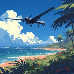 Advanced Unmanned Aerial Vehicle (UAV) Silhouette Hovering Over a Palm-Fringed Tropical Shoreline with Clear Blue Skies and Ocean Waves