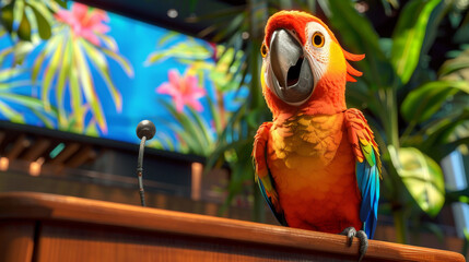 A bright orange parrot perched on a stand in a lush tropical environment.