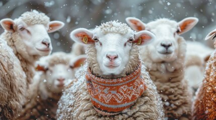 Obraz premium A group of sheep wearing scarves and standing in the snow. Generative AI.