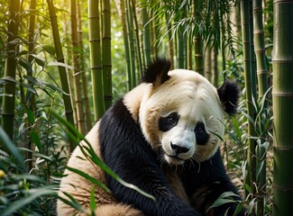 Naklejka premium A panda bear sitting in the middle of a bamboo forest. Generative AI.