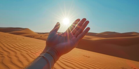 A person's hand reaching out to the sun in a desert. Generative AI.